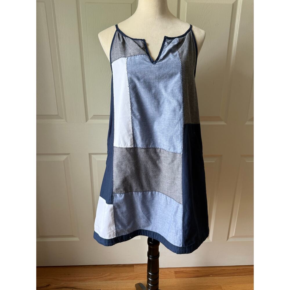 HD in Paris Chambray 100% Cotton Patchwork Whipstitch Swing Dress Size S Pockets